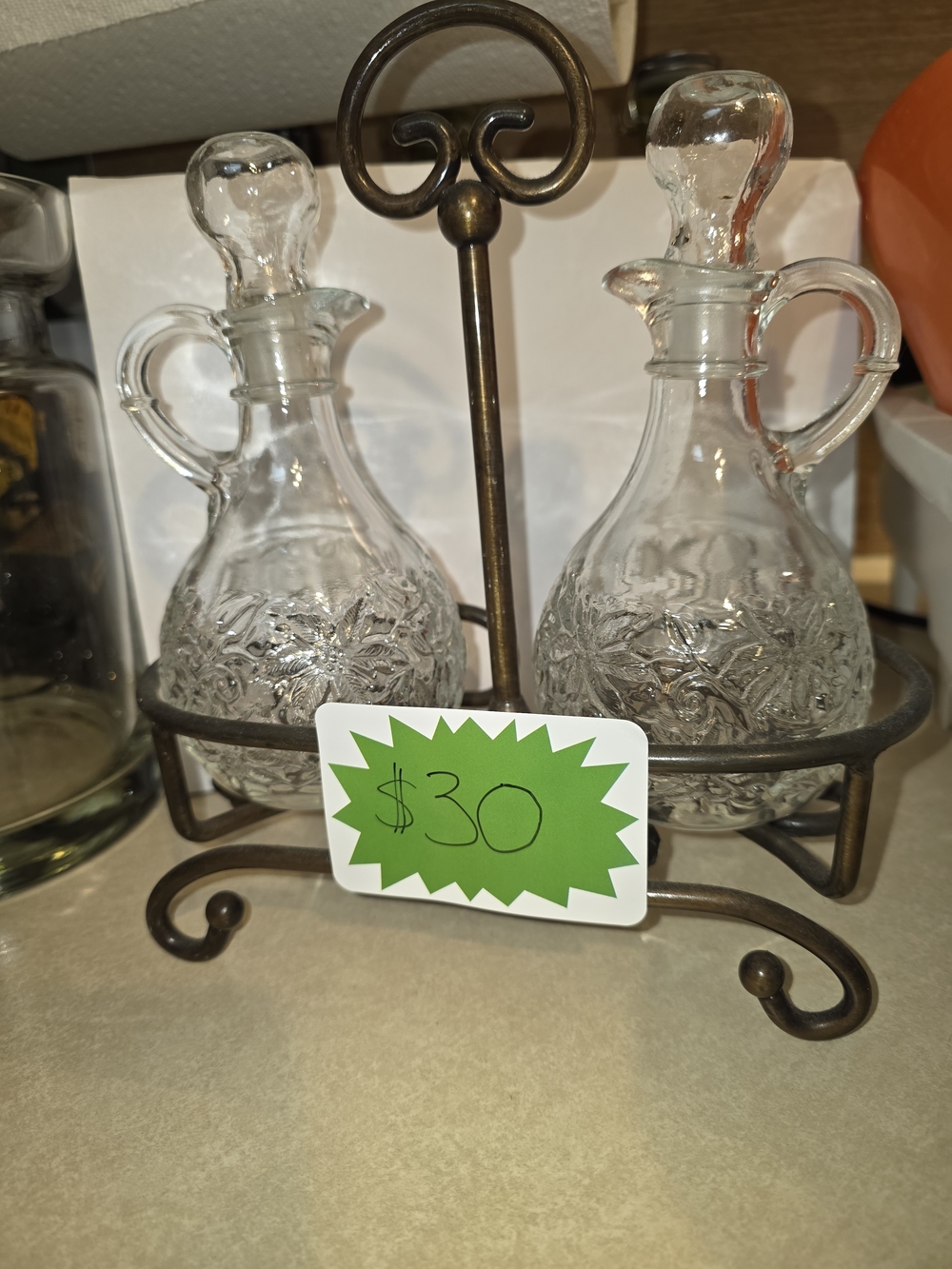 Glass Cruet Set with Metal Caddy - Clear Glass & Bronze Finish